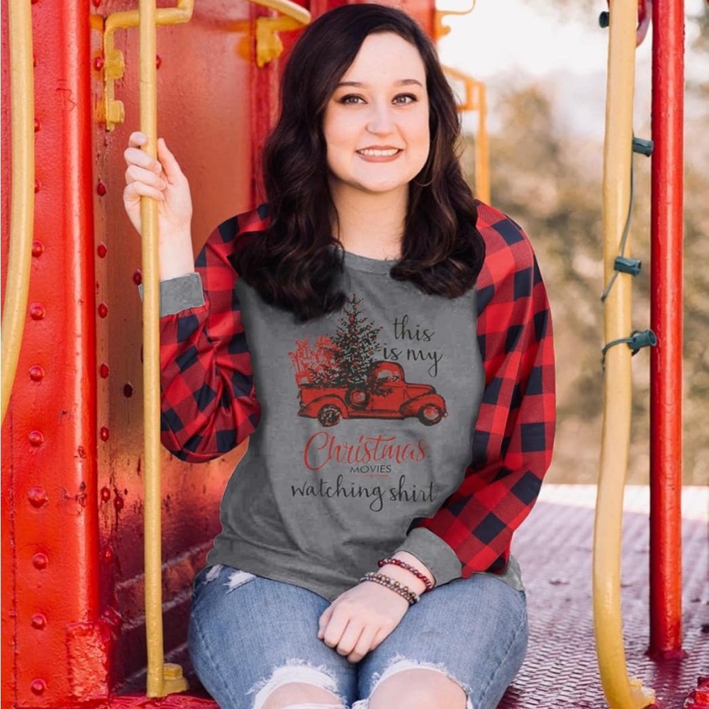 Christmas Movie Watching Shirt Gray Plaid Red long Sleeve Truck Festive Casual